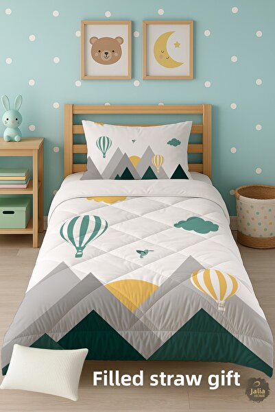 Talia Home Green Bird Valley Mountain Patterned Single Children's Quilt Sleeping Set Tlag-299