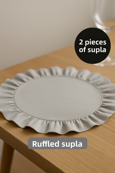 Morlay Σετ 2 Αμερικανικών Σετ Στρογγυλών Σεντονιών - Βαμβακερό λινό με βολάν, 40 εκ. - Γκρι Χρώμα