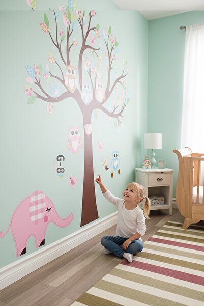 KT Decor Elephant-owls-birds-brown Tree And Colorful Leaves Xxl Kids Room Wall Sticker