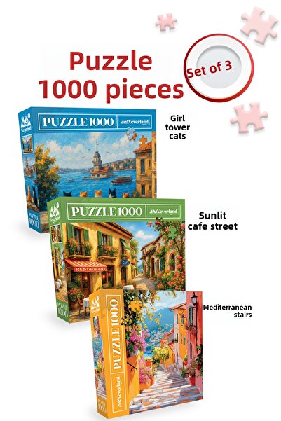 Neverland 3 Pcs 1000 Piece Puzzle - Girl's Tower Cats and Mediterranean Stair...