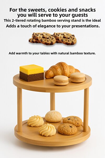 Meleni Home 2-Tier Rotatable Bamboo Serving Stand - Decorative Cake Cookie Presentation Stand Display Stand 25 cm