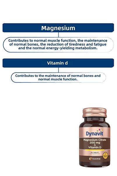Dynavit Magnesium Citrate 200 Mg, Vitamin D 60 Tabs & Vitamin C Vitamin D3 Zinc 15 Efer - Güne Devam Package