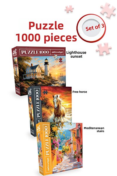 Neverland 3 Pcs 1000 Piece Puzzle - Free Horse and Mediterranean Stairs and L...