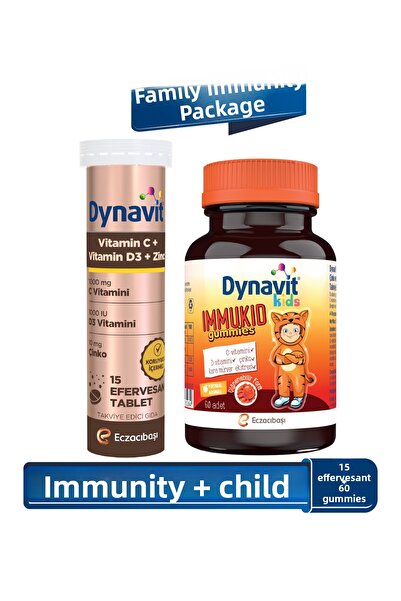 Dynavit Vitamin C Vitamin D3 Zinc 15 Effervescent&Immukid Gummies 60 Chewable Gummy-Family Immunity Package