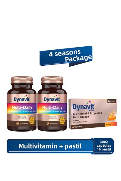 Dynavit مُكملات غذائية يومية متعددة 30 كبسولة × 2 + فيتامين سي وبروبوليس 16 قرص حلوى وبيتا جلوكان 16 قرص حلوى - عبوة للفصول الأربعة