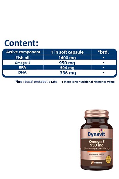 Dynavit أوميغا 3 950 ملغ 30 كبسولة ناعمة ×2 وسترات المغنيسيوم 200 ملغ، فيتامين د 60 قرصًا - عبوة دعم من 3 قطع