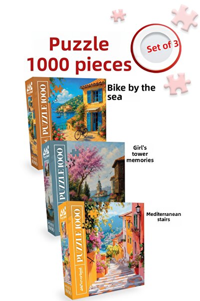 Neverland 3 Pcs 1000 Piece Puzzle - Cycling by the Sea and the Girl's Tower M...