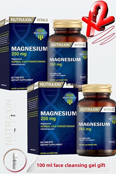 Nutraxin Magnesium (Citrate) Each 1 Tablet 250 Mg 60 Tablets (2 Pcs) + 100 ml Facial Cleansing Gel Gift