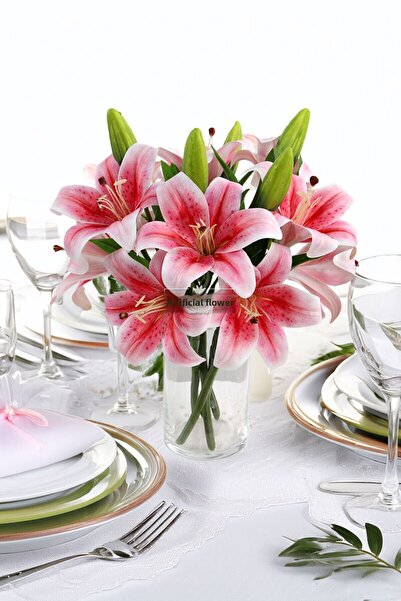 Yapay Çiçek Deposu زهرة اصطناعية فاخرة مكونة من فرعين من الزنبق الرطب 40 سم فوشيا