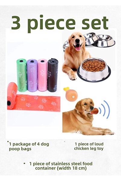 Vitastyle Set of 3 for Dogs; Dog Toy Bag (Set of 4) & Stainless Steel Food Bowl & Sound-Producing Chicken Tail Toy