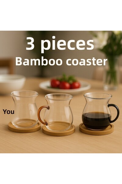 Amentes Keyfi̇ Ala Tea Cup with Bamboo Base, Set of 3