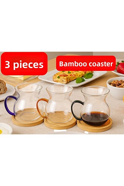 Amentes Keyfi̇ Ala Tea Cup with Bamboo Base, Set of 3