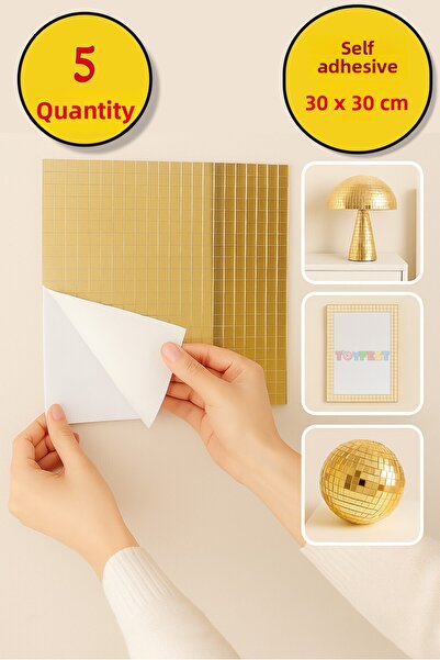 TOYFEST 5-Piece Self-Adhesive Gold Mirror Mosaic Disco Sticker Wall Frame Item Decorative Covering 30X30