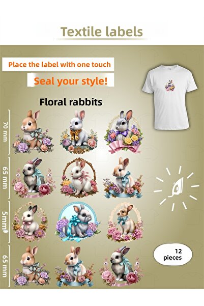 AGG Reklam مجموعة من 12 ملصق ملابس على شكل أرانب مزهرة تلتصق بالكي
