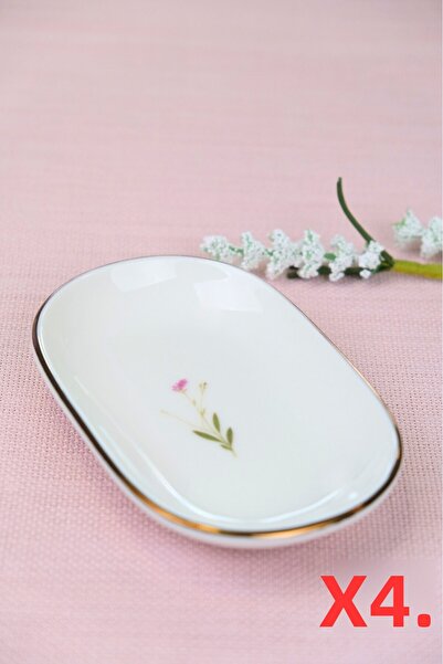 tabakevi Tabak Evi Porcelain Natura Broadcloth Gold Gilded Oval Boat-Shaped Tray 14X9X2.50Cm 4 Pieces