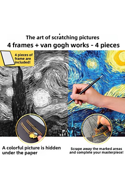 minyaturia Scratching Drawing Set |   Van Gogh Works - 4 Pieces |   Hobby Set, Includes Painting and Pen