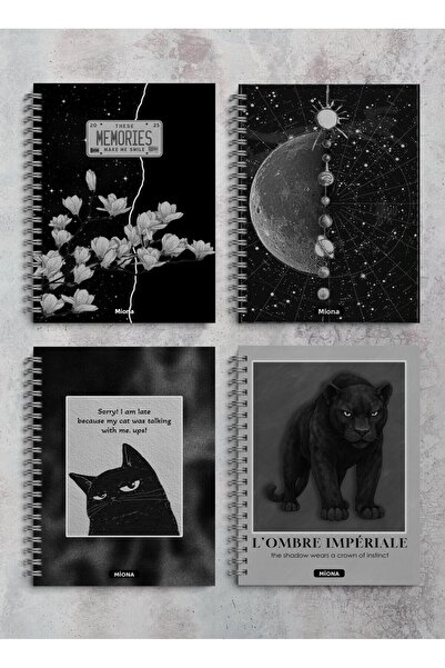 Miona A5 Spiral School Notebook 120 Pages Set of 4 Black Themed 2 Squared-2 Lined, Notebook, Notebook