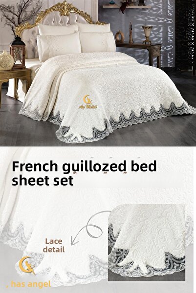 AYMELEK Double Dowry Bedspread Set with Pearls and French Guipure Blanket