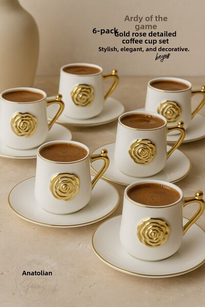 Anadolu Saray 6 Pieces Gold Rose Detailed Luxury Porcelain Turkish Coffee Cup Set – Stylish and Elegant Design