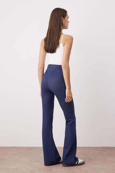 Trendyol Collection Navy Blue Denim Look Wideleg High Waist Stretchy Knitted Pants Twoaw26Pl00030