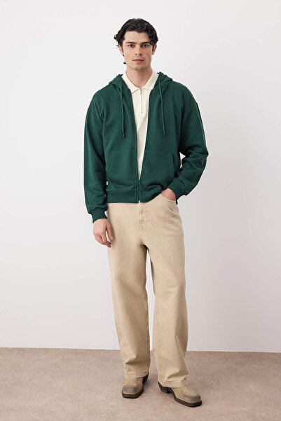 Trendyol Collection Dark Green Oversize/Wide Cut Zippered Basic Unsharable Sweatshirt-Cardigan Tmnaw22Sw0620