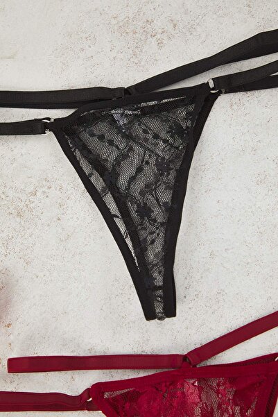 Trendyol Collection Chiloți din dantelă elastică cu flori, negru-roșu, din material subțire bucăți THMAW26KU00034