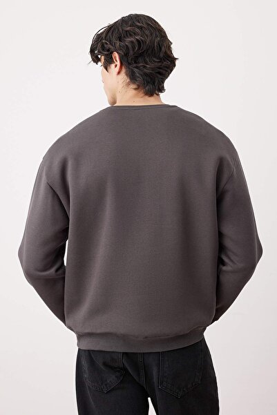 Trendyol Collection Anthracite Oversize/Loose Cut Cotton Basic Thick Embroidered Sweatshirt with Fleece Inside Tmnaw25Sw00011