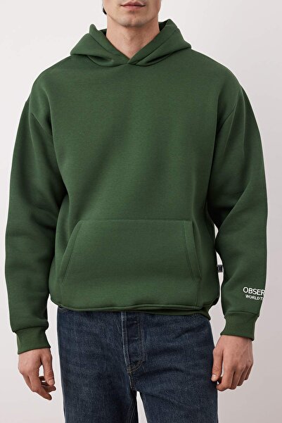 Trendyol Collection Khaki Hooded Oversize/Loose Cut Embroidered Label Soft Fabric Sweatshirt Tmnaw24Sw00031