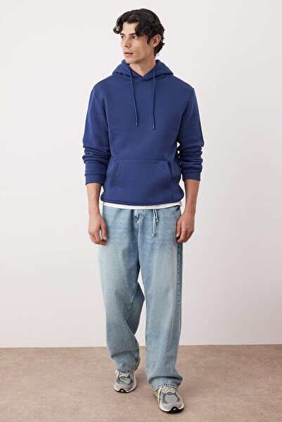 Trendyol Collection Темно-синій флісовий світшот з капюшоном/теплий світшот TMNAW20SW0163 Regular/Normal Fit з капюшоном