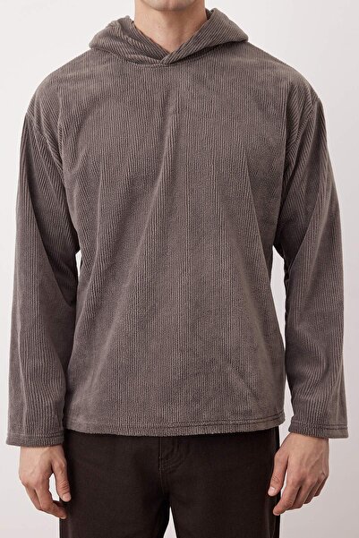 Trendyol Collection Anthracite New Oversize/Wide Cut Soft Corduroy Sweatshirt Tmnaw26Sw00001