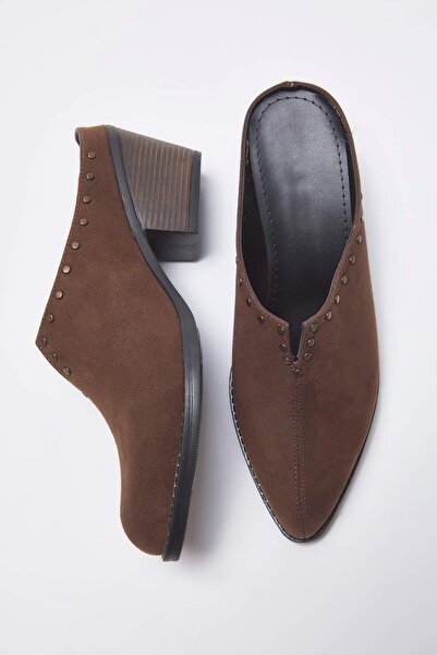 TRENDYOL SHOES Dark Brown Trock Suede Nubuck Sabo Women's 6 cm Classic Heeled Shoes Takaw26To00016