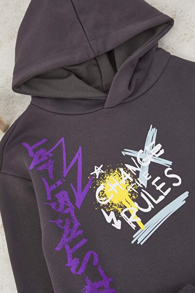 TRENDYOLKIDS Anthracite Cotton Hooded Oversize Boys' Knitted Bottom-Top Set Tkdaw26Au00031