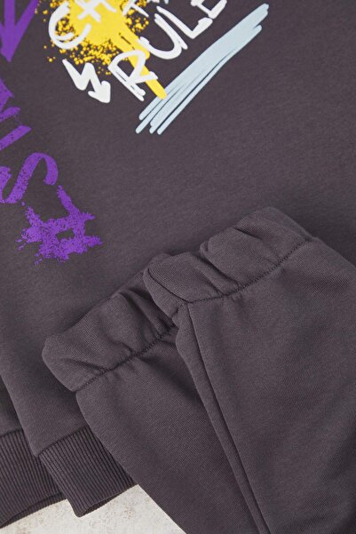 TRENDYOLKIDS Anthracite Cotton Hooded Oversize Boys' Knitted Bottom-Top Set Tkdaw26Au00031