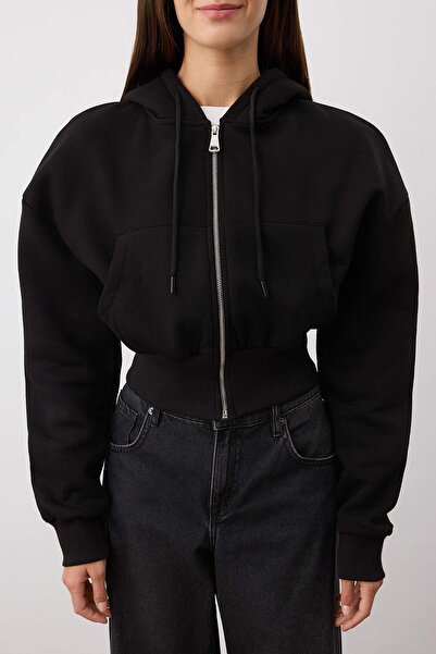 Trendyol Collection Černá Regular/Normal Fit Mikina s kapucí Silná vnitřní fleecová pletená mikina TWOAW25SW00068