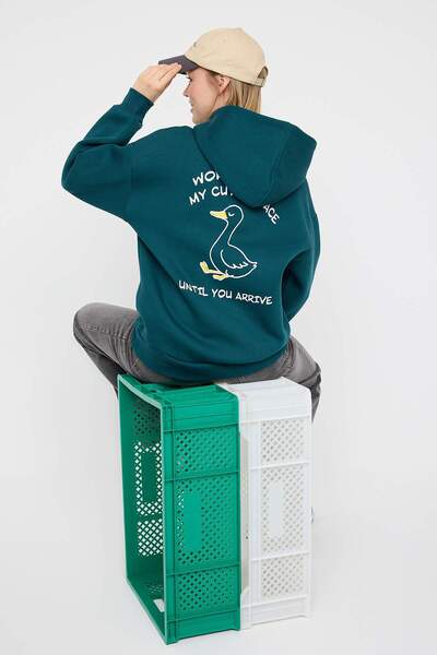 Trendyol Collection Teen Emerald Green Back Printed Oversize/Wide Fit Thick Inner Fleece Knitted Sweatshirt Twoaw26Sw00165