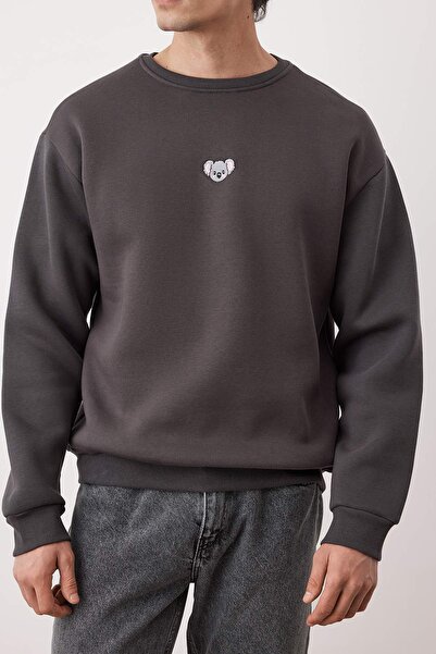 Trendyol Collection Anthracite Crew Neck Oversize/Wide Cut Fleece Inside Penguin Embroidery Sweatshirt Tmnaw24Sw00064