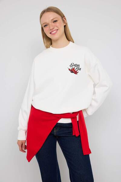 Trendyol Collection Ecru Thick Fleece Inside Pepper Printed Oversize Knitted Sweatshirt Twoaw26Sw00123