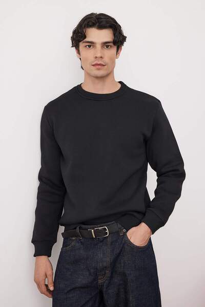 Trendyol Collection Μαύρο φούτερ με κανονική/συνηθισμένη κοπή με χοντρό λαιμόκοψη/εσωτερικό ριγέ TMNAW26SW00018