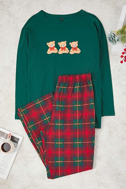 Trendyol Curve Green 100% Cotton Teddy Bear Plaid Knitted Pajamas Set Tbbaw26Ai00034