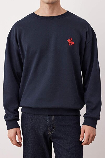 Trendyol Collection Námořnická modrá Oversize/široký střih s dlouhým rukávem vyšívaná mikina TMNAW24SW00164