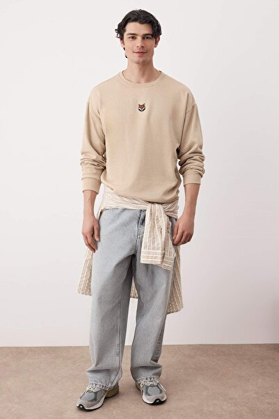 Trendyol Collection Оверсайз/широкий крій, велосипедний комір, довгі рукави, вишивка тварин, світшот TMNAW24SW00169