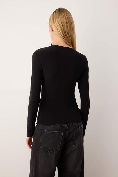 Trendyol Collection Black Plain Asymmetrical Neckline Long Knitted Sandy Party Blouse Tpraw26Bz00037