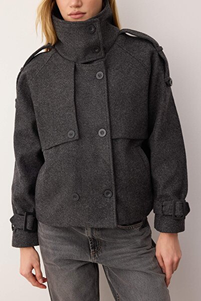 Trendyol Collection Palton oversize midi cu catifea gri închis diagonal dublu la două piept TWOAW26KB00040