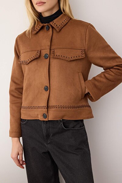 Trendyol Collection Brown Regular Fit Lacing Detail Suede Slim Jacket Coat Twoaw26Mo00136