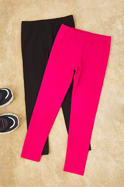 TRENDYOLKIDS Black-Fuchsia Plain Knitted Leggings Tkdss25Ta00006