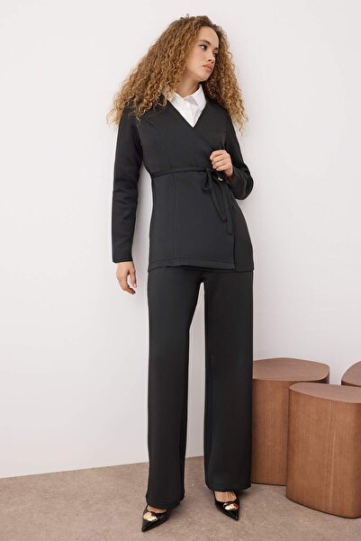 Trendyol Modest Black Diving/Scuba Fabric Button and Belt Detailed Knitted Bottom - Top Set Tctaw26Us00034