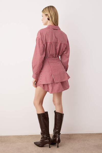 Trendyol Collection Limited Edition Burgundy Striped Shirt Detailed Mini Woven Dress Twoss25El00522