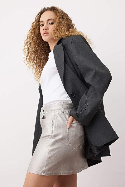 Trendyol Collection Silver Plated Mini Denim Skirt Twoaw26Et00078