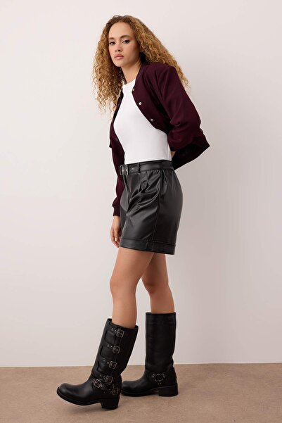Trendyol Collection Black Belted Leather Shorts & Bermuda Twoaw26Sr00044