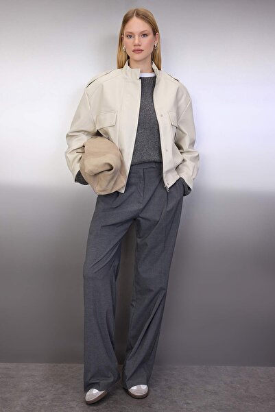 Trendyol Collection Ecru Oversize Pattern Faux Leather Bomber Slim Jacket Coat Twoaw26Mo00001
